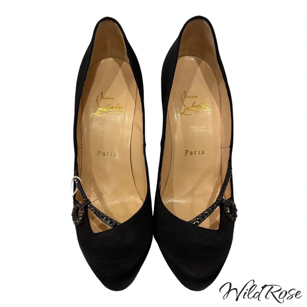 CHRISTIAN LOUBOUTIN Black Satin Rhinestone Embellished Heels SZ 38 - Picture 9 of 15